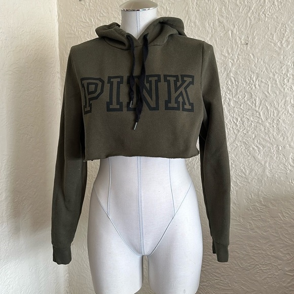 Victoria’s Secret Pink Olive Green Black Block Logo Cropped Hoodie Sweatshirt S - Picture 1 of 9